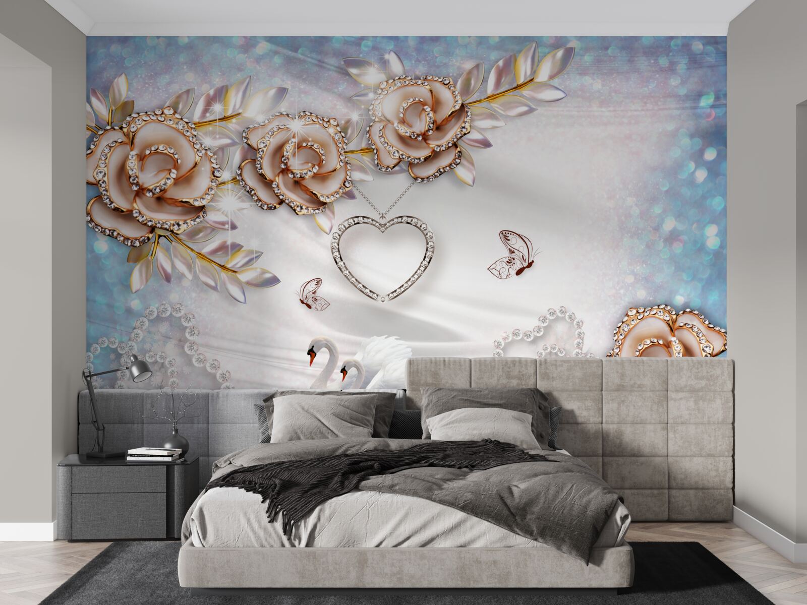 Papier peint des branches de fleurs scintillantes d'or et des cygnes blancs comme la neige