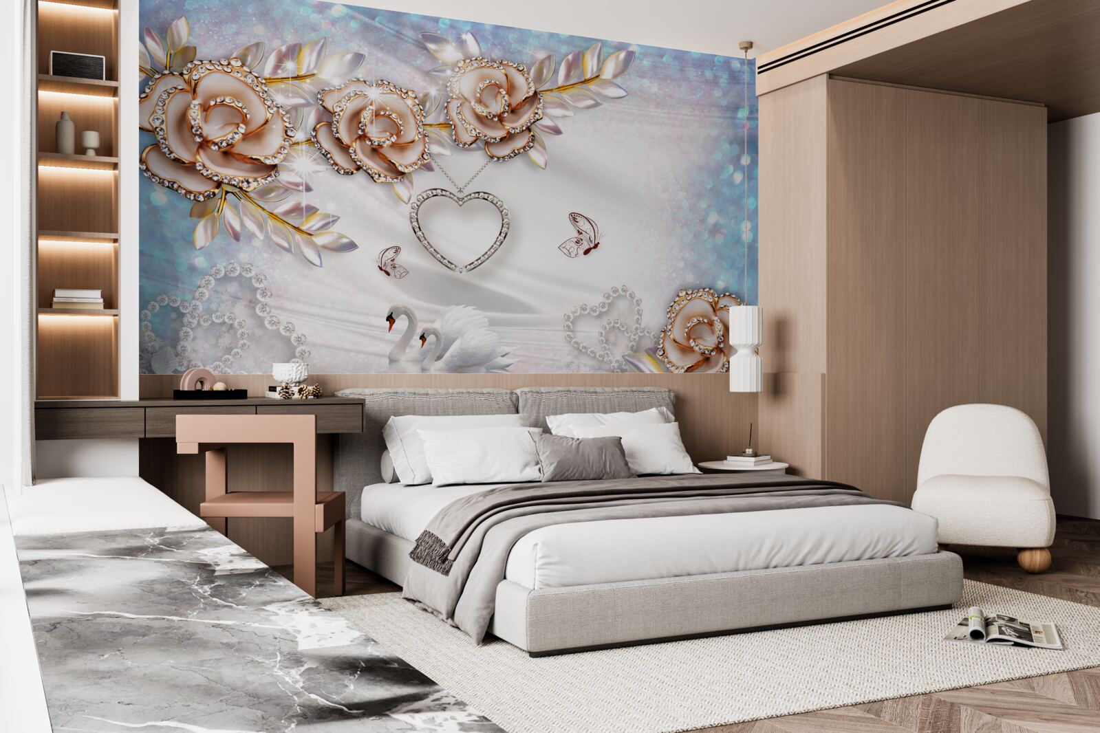 Papier peint des branches de fleurs scintillantes d'or et des cygnes blancs comme la neige