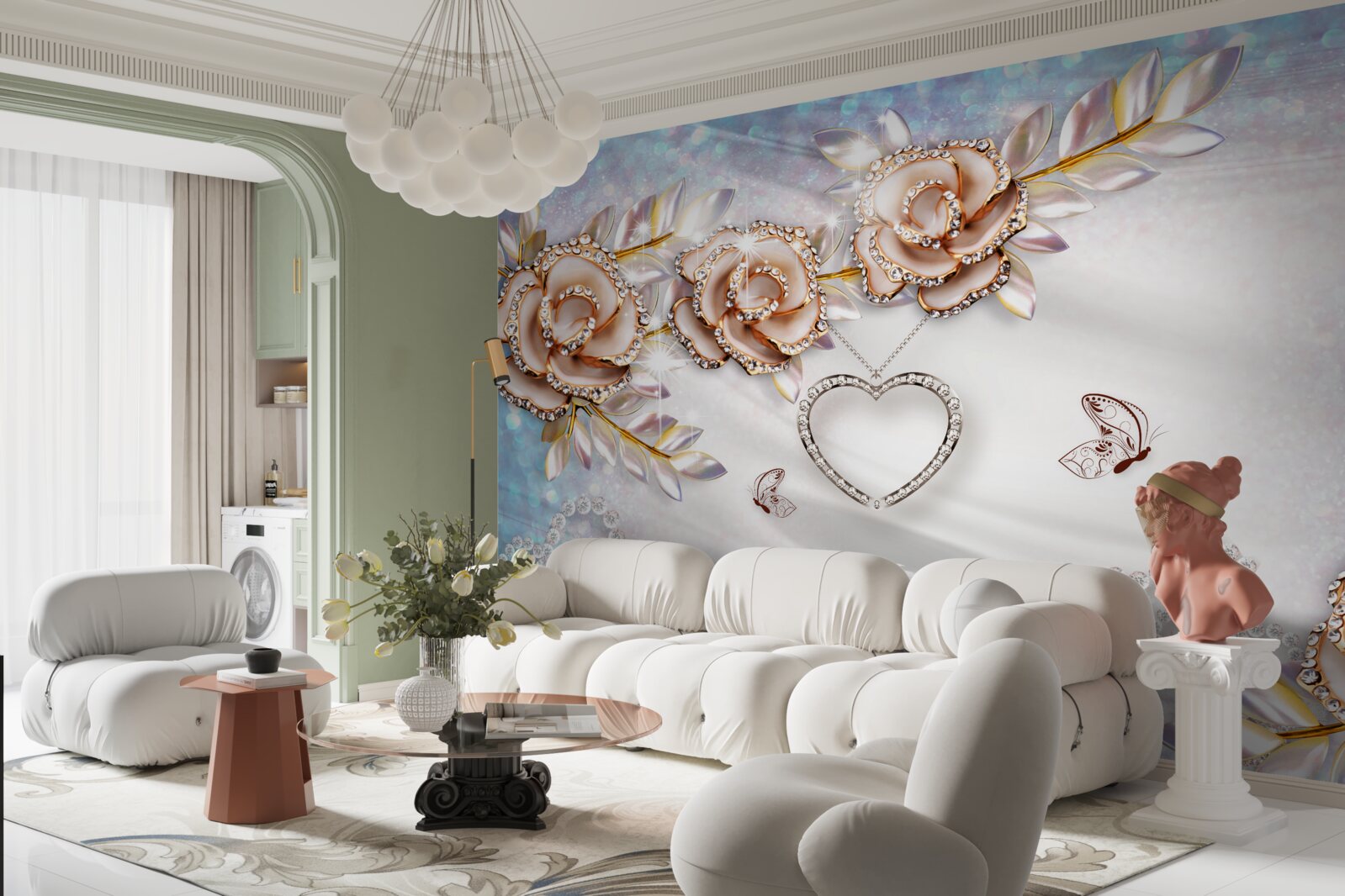 Papier peint des branches de fleurs scintillantes d'or et des cygnes blancs comme la neige