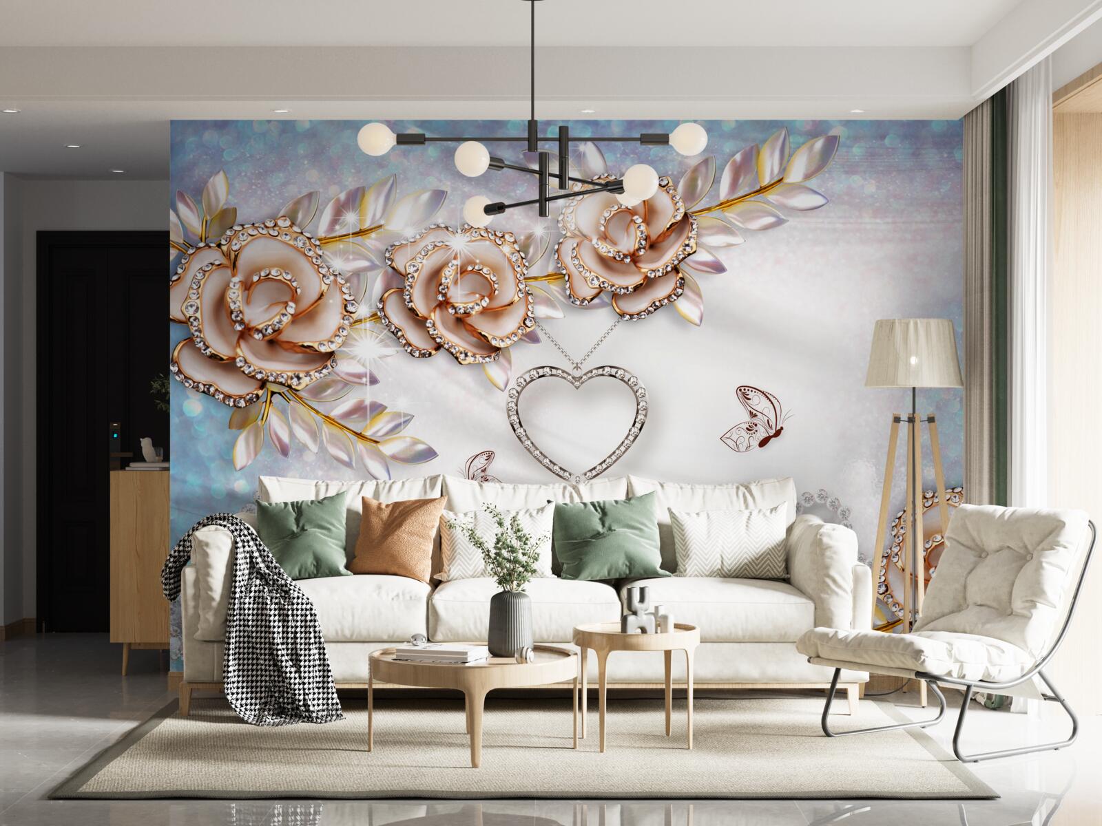 Papier peint des branches de fleurs scintillantes d'or et des cygnes blancs comme la neige