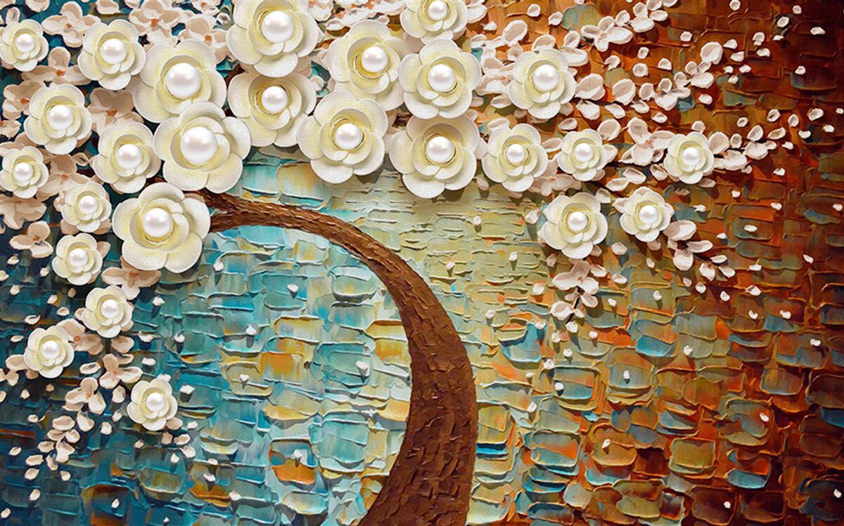 Papier peint arbre aux fleurs blanc perle