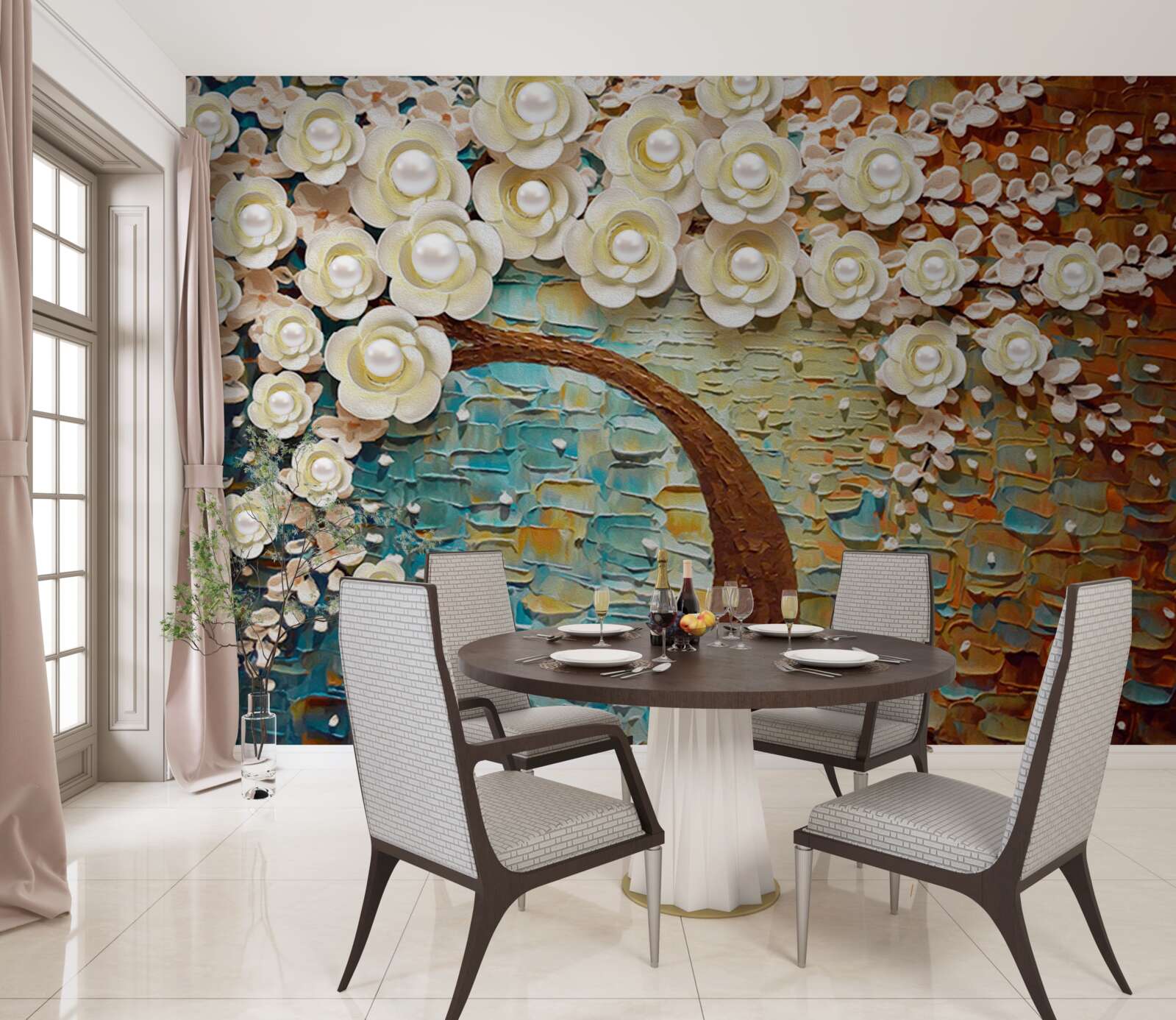 Papier peint arbre aux fleurs blanc perle