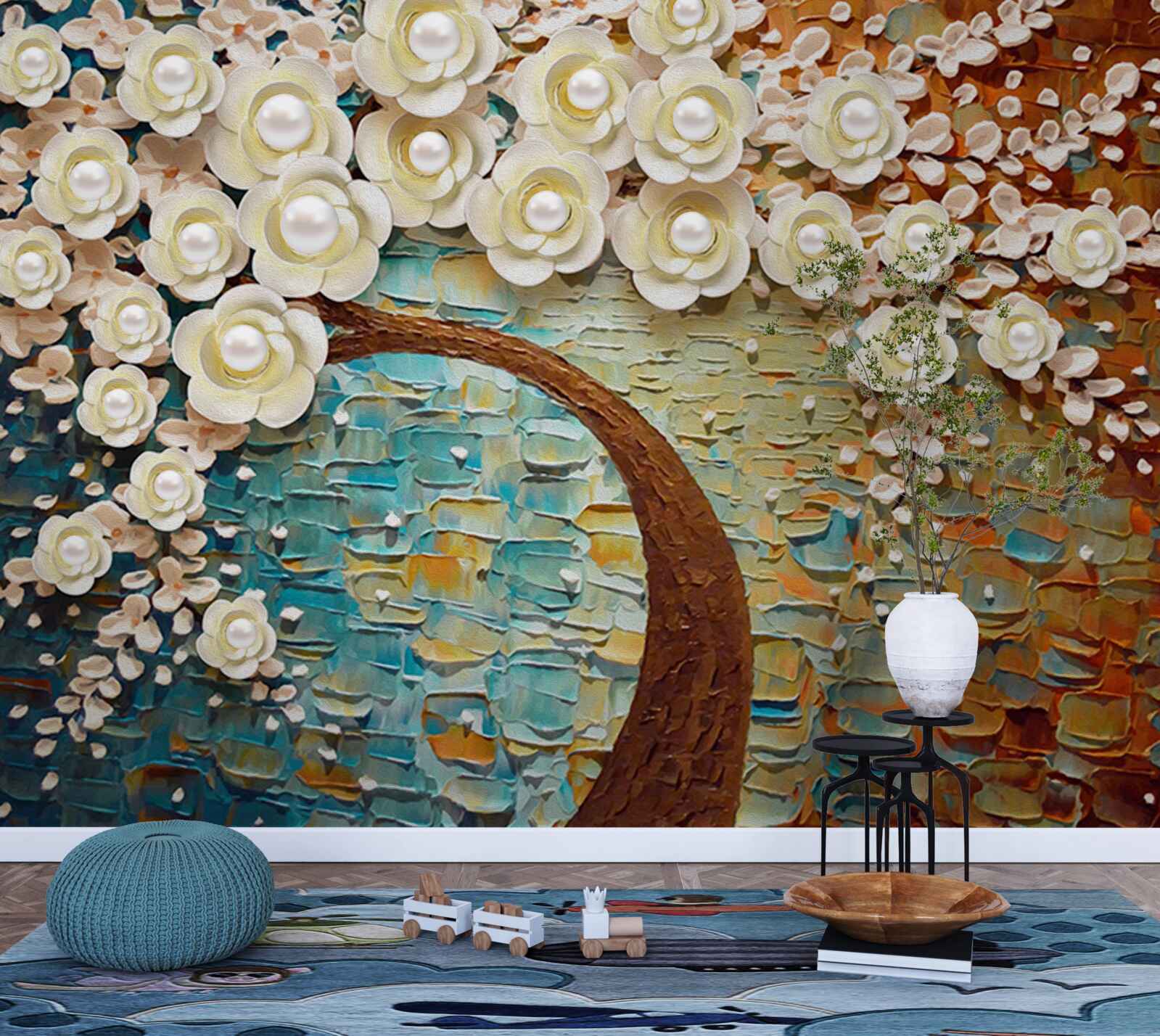 Papier peint arbre aux fleurs blanc perle