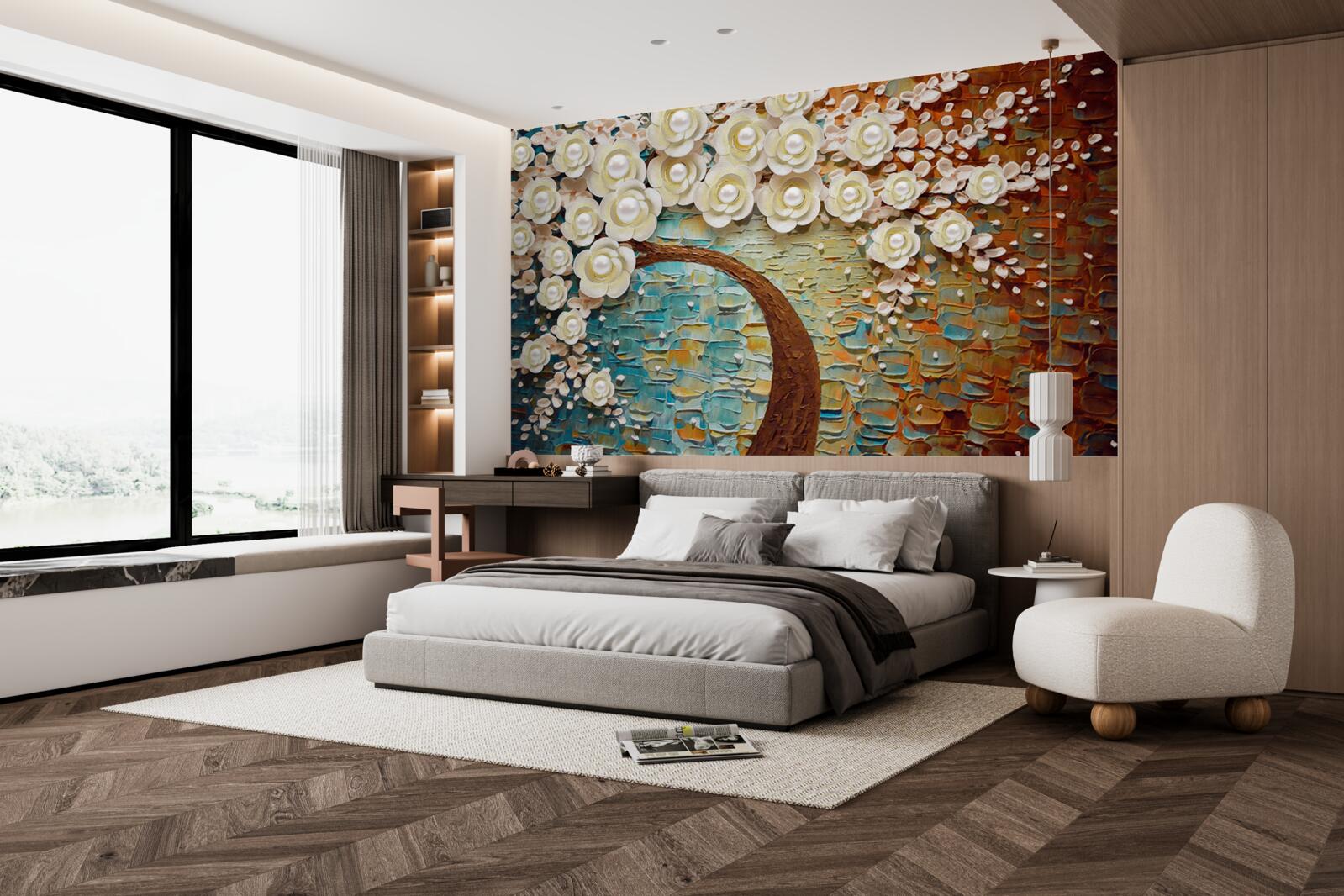 Papier peint arbre aux fleurs blanc perle