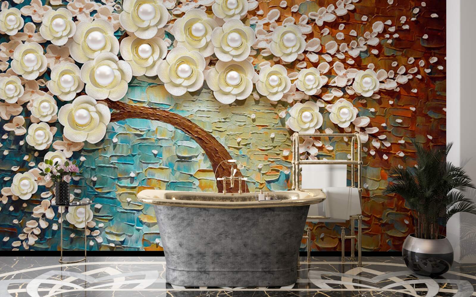 Papier peint arbre aux fleurs blanc perle