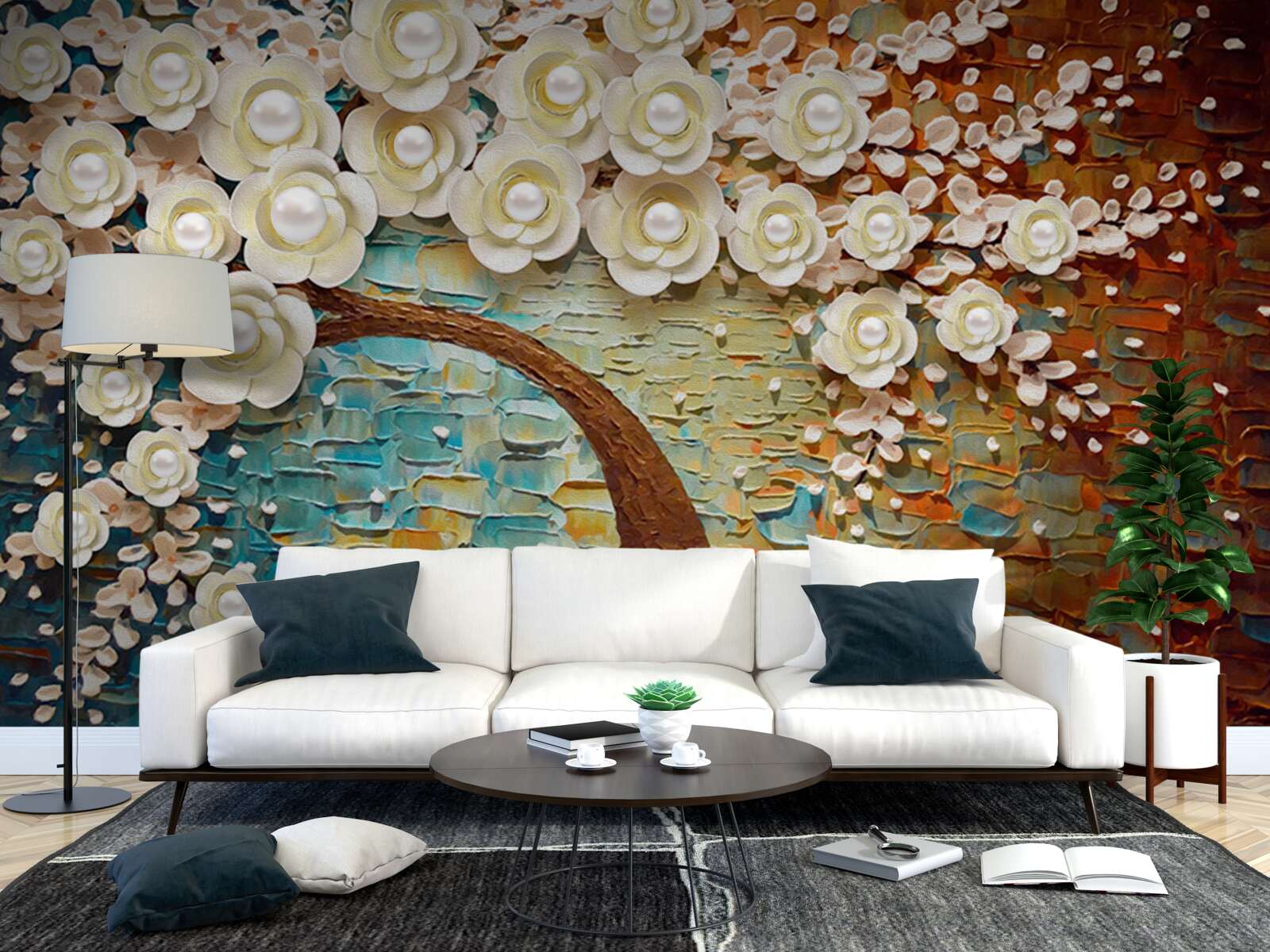 Papier peint arbre aux fleurs blanc perle