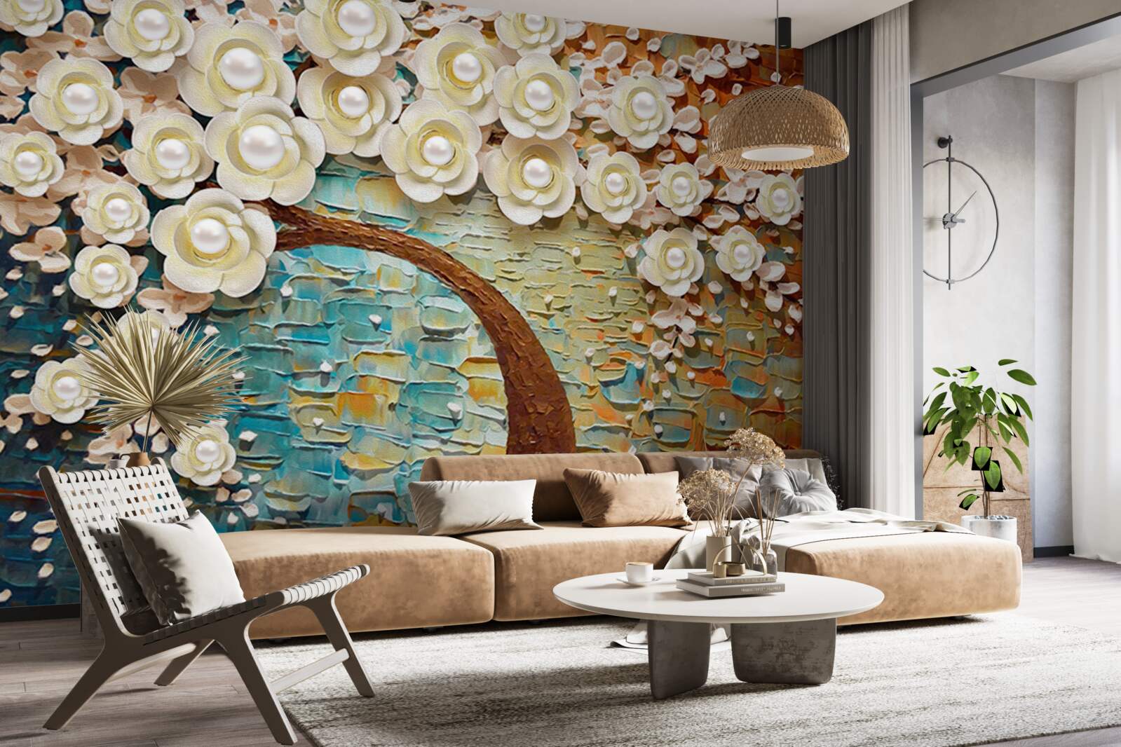 Papier peint arbre aux fleurs blanc perle