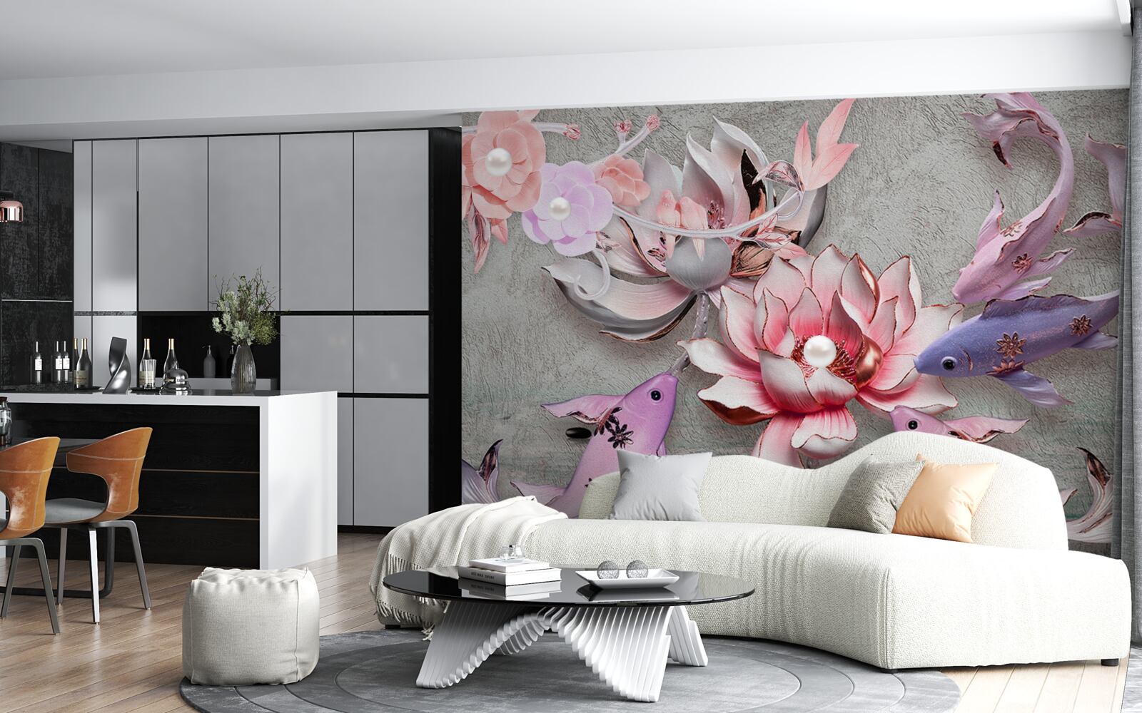 Papier peint scène de lac avec lotus et poissons