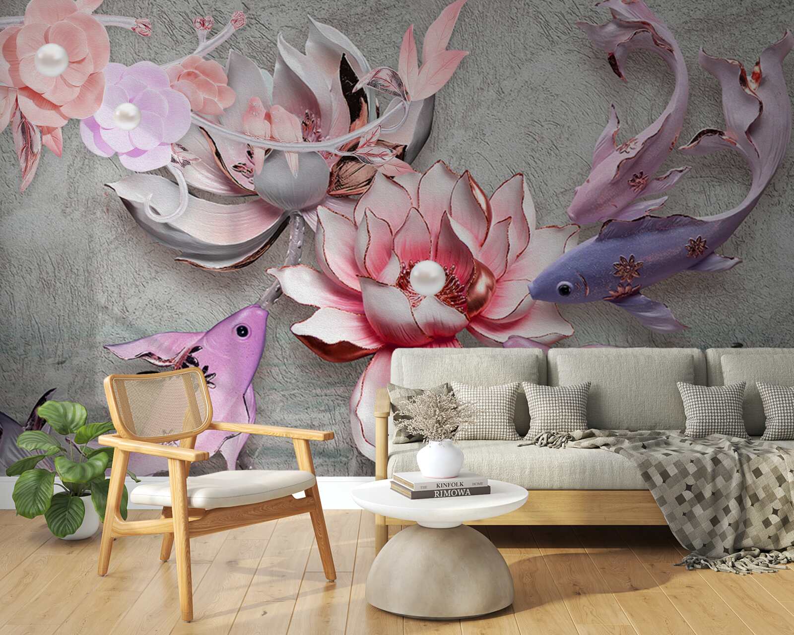 Papier peint scène de lac avec lotus et poissons