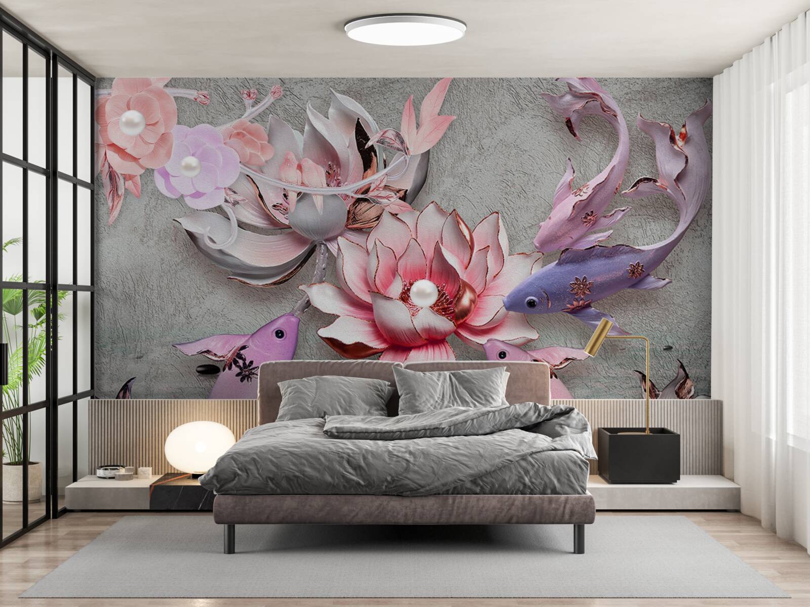 Papier peint scène de lac avec lotus et poissons