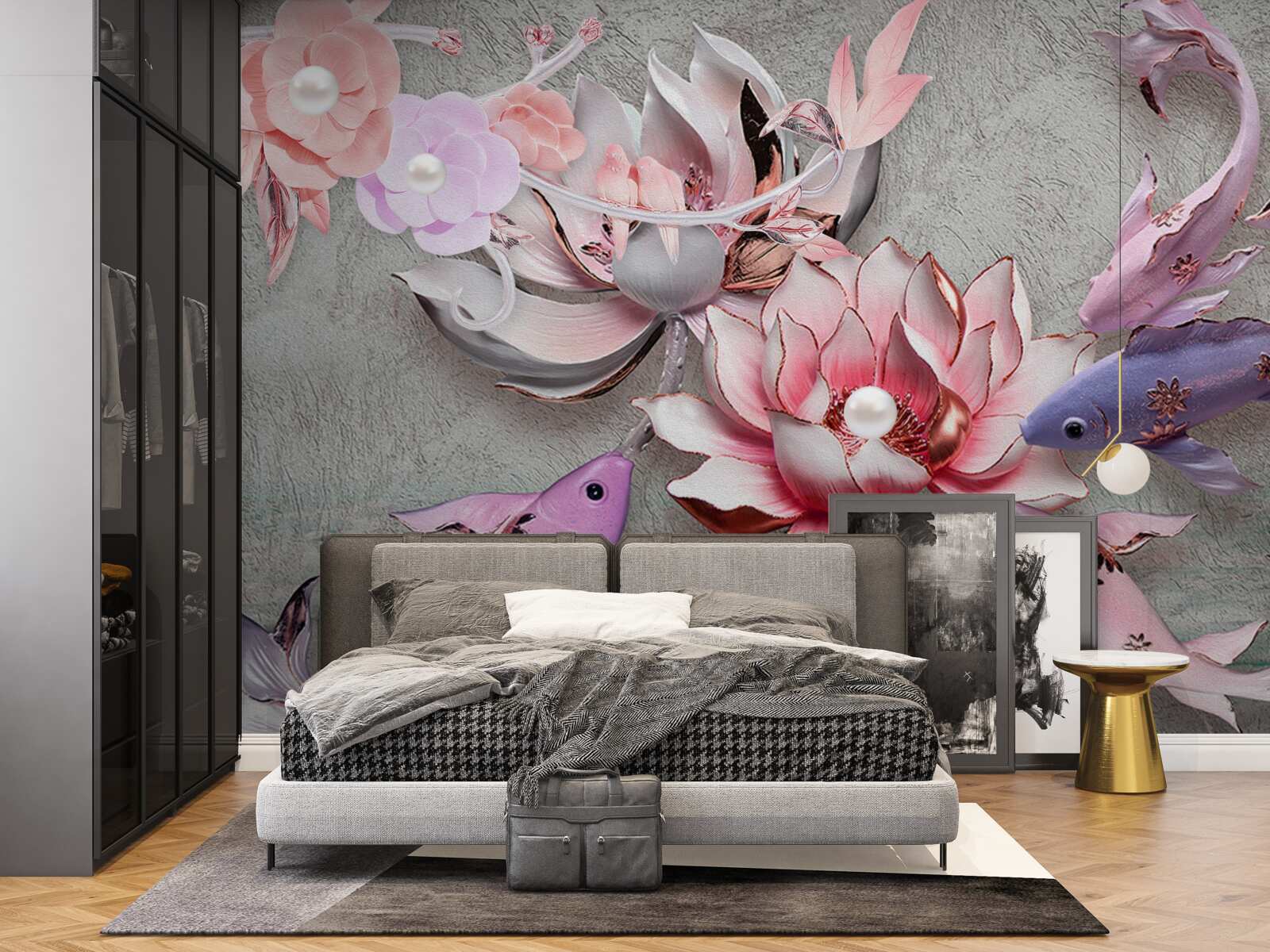 Papier peint scène de lac avec lotus et poissons