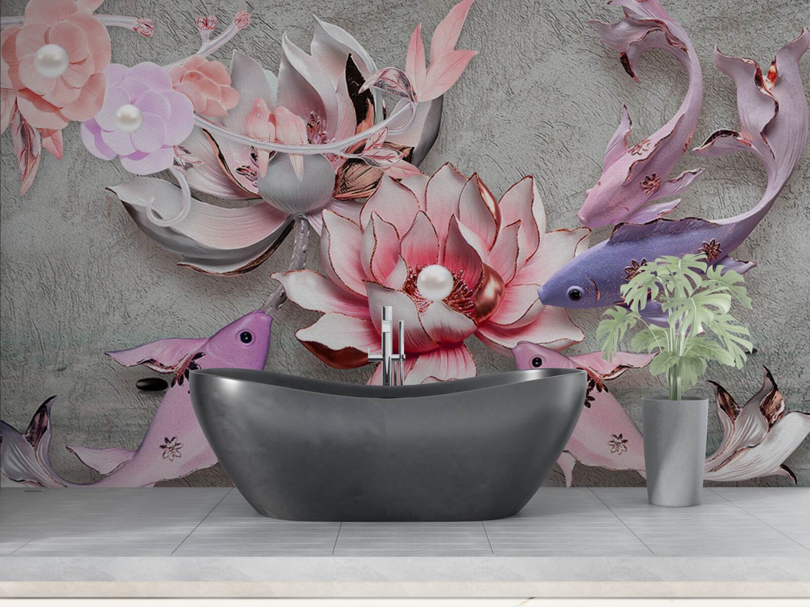 Papier peint scène de lac avec lotus et poissons