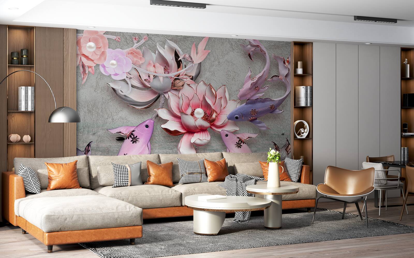 Papier peint scène de lac avec lotus et poissons