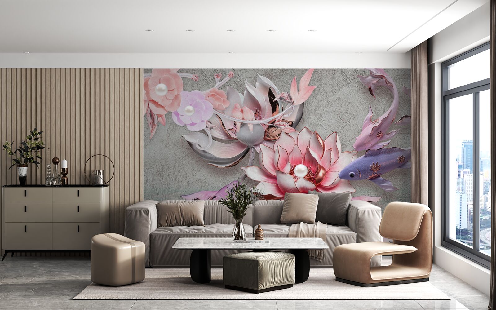 Papier peint scène de lac avec lotus et poissons