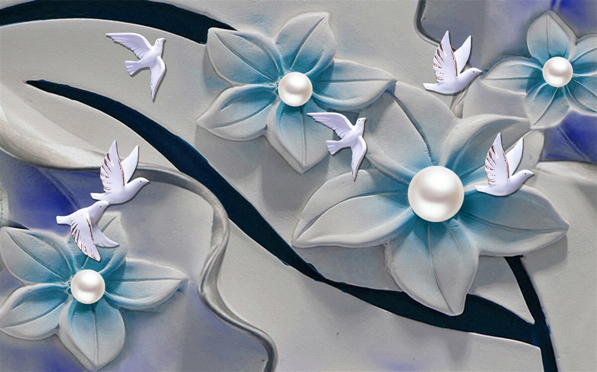 Papier peint fleurs blanches avec perles, décorées de papillons