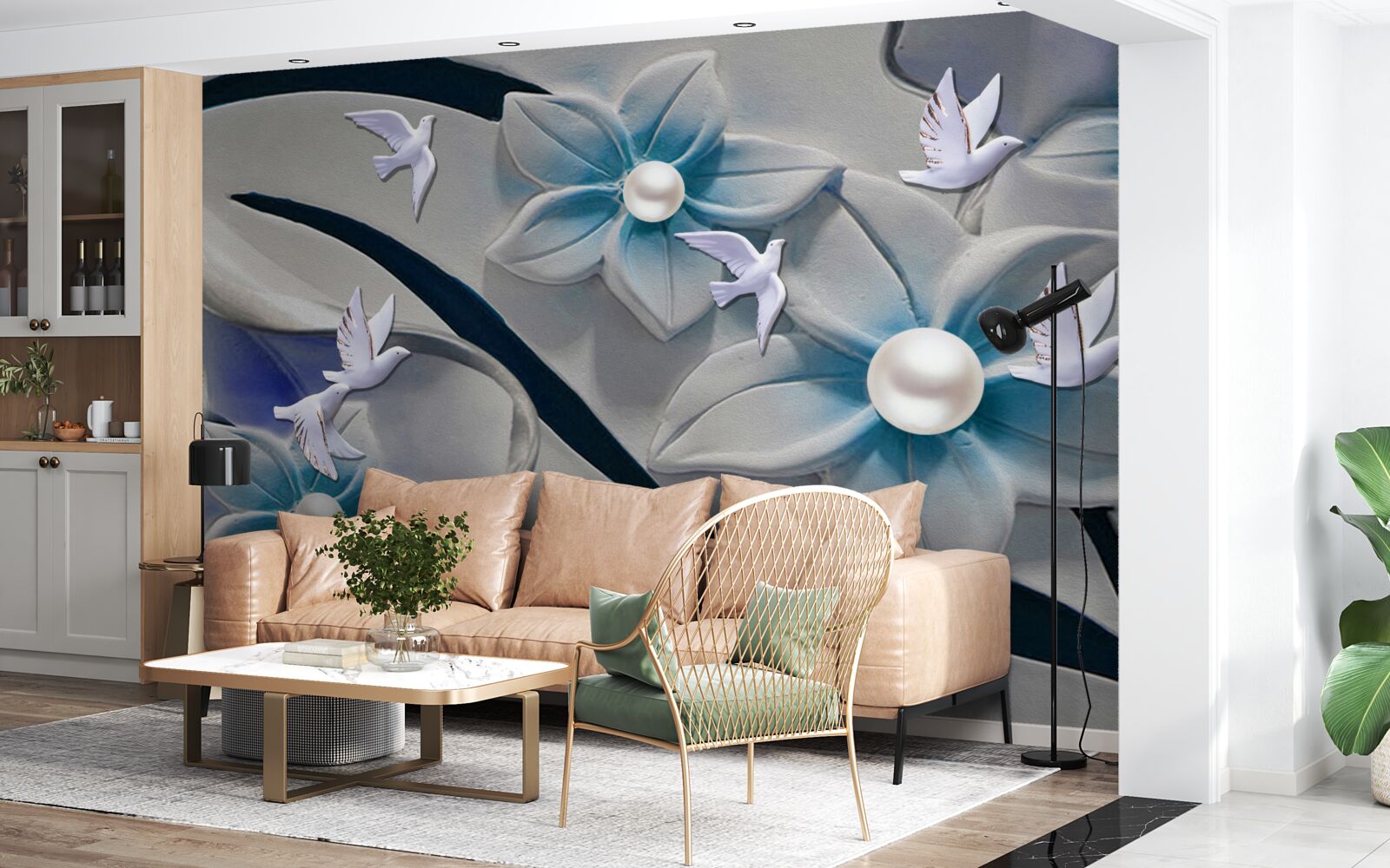 Papier peint fleurs blanches avec perles, décorées de papillons