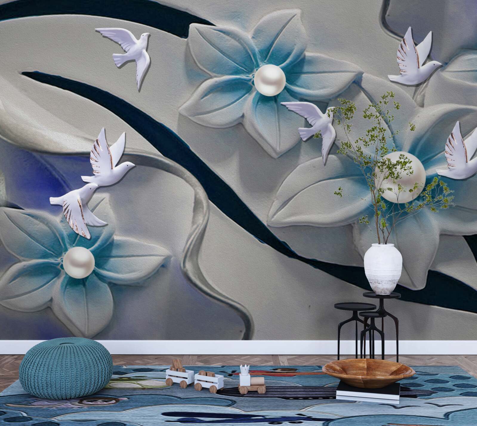 Papier peint fleurs blanches avec perles, décorées de papillons