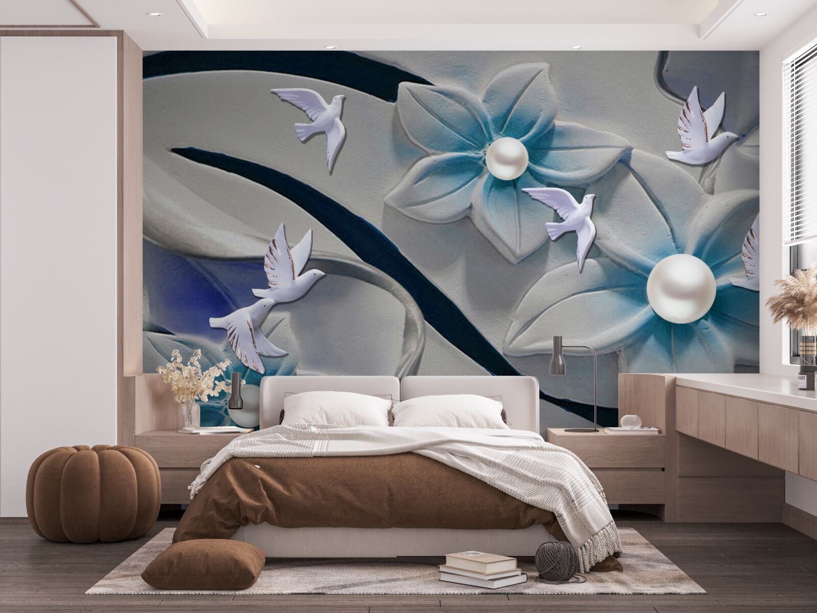 Papier peint fleurs blanches avec perles, décorées de papillons