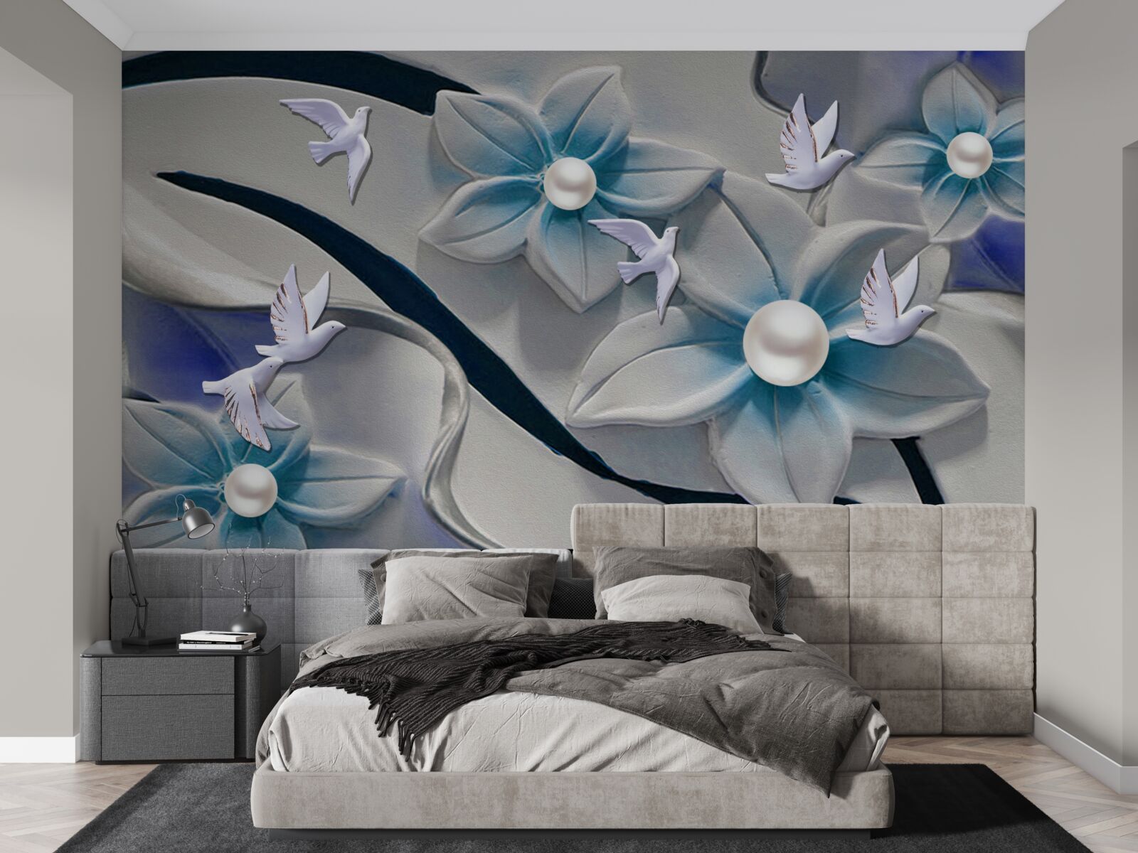 Papier peint fleurs blanches avec perles, décorées de papillons