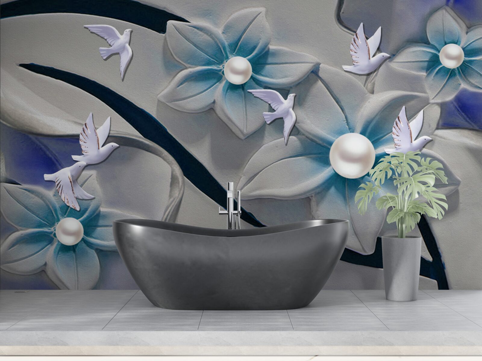 Papier peint fleurs blanches avec perles, décorées de papillons