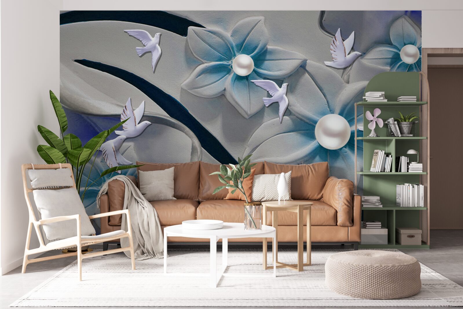 Papier peint fleurs blanches avec perles, décorées de papillons