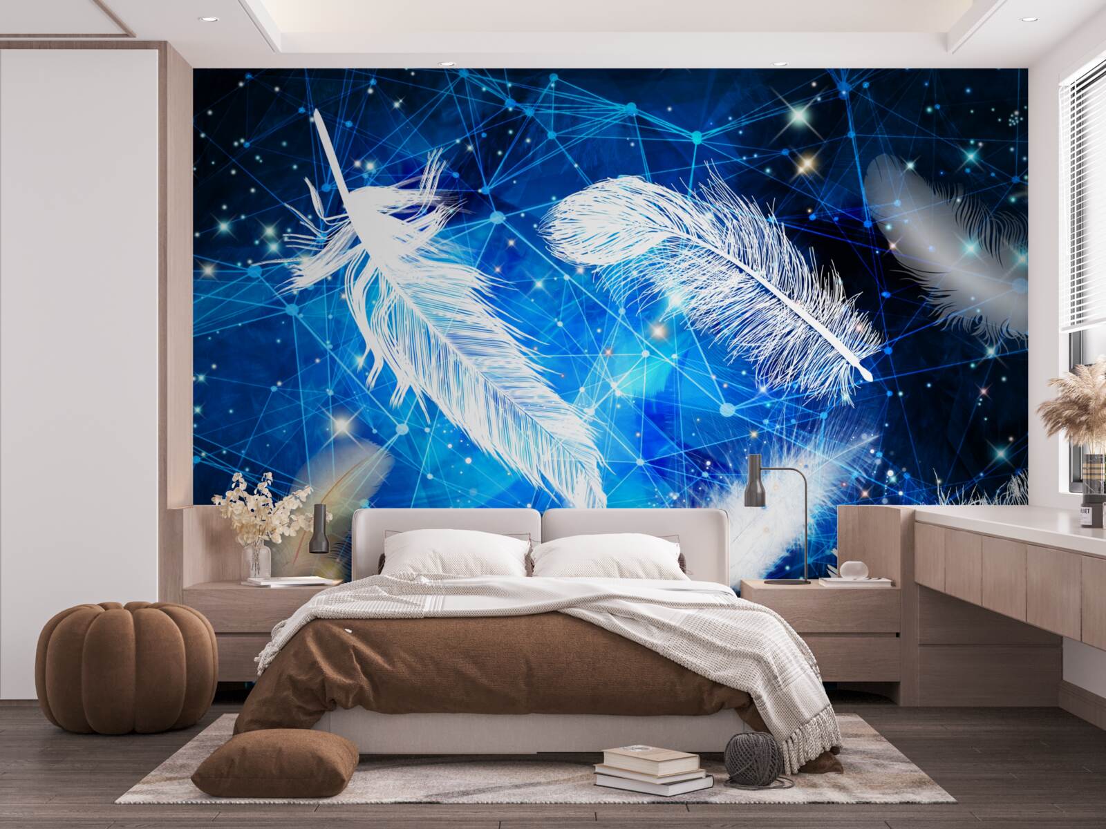 Papier peint ciel étoilé comme toile de fond pour les plumes blanches