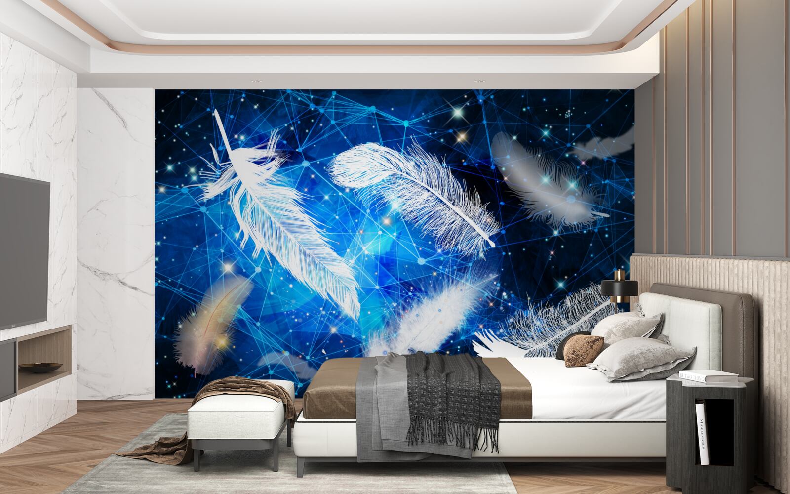 Papier peint ciel étoilé comme toile de fond pour les plumes blanches