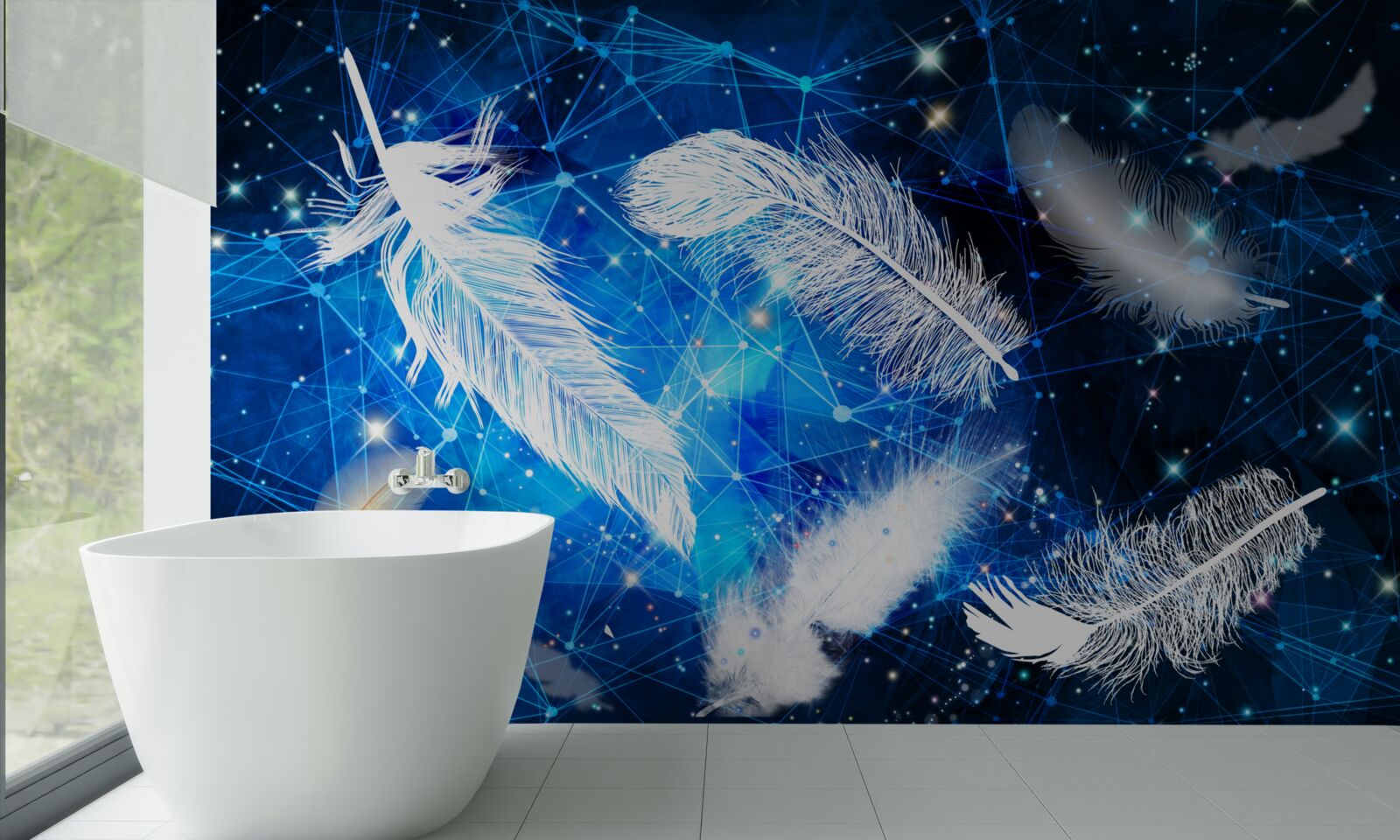 Papier peint ciel étoilé comme toile de fond pour les plumes blanches