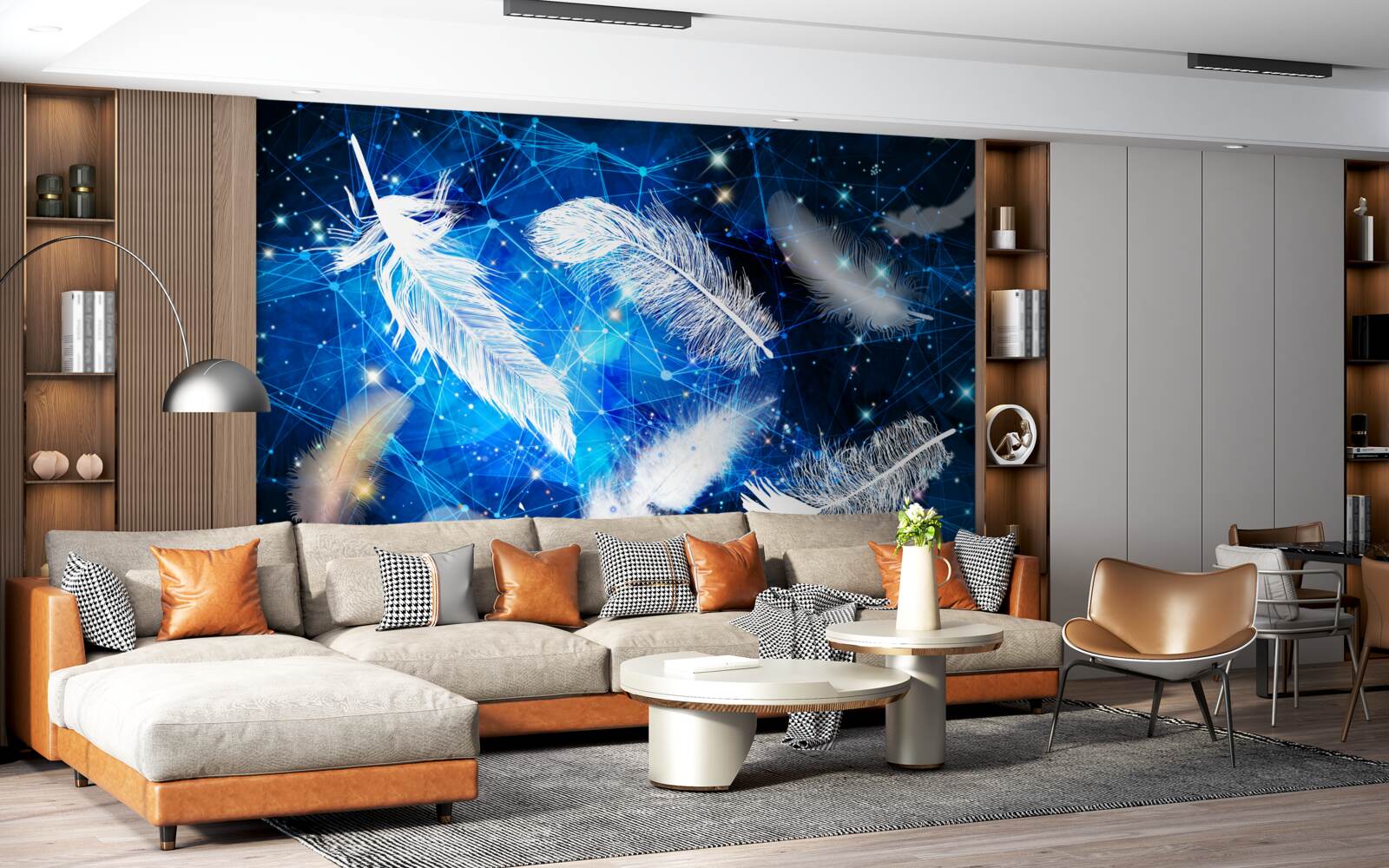 Papier peint ciel étoilé comme toile de fond pour les plumes blanches