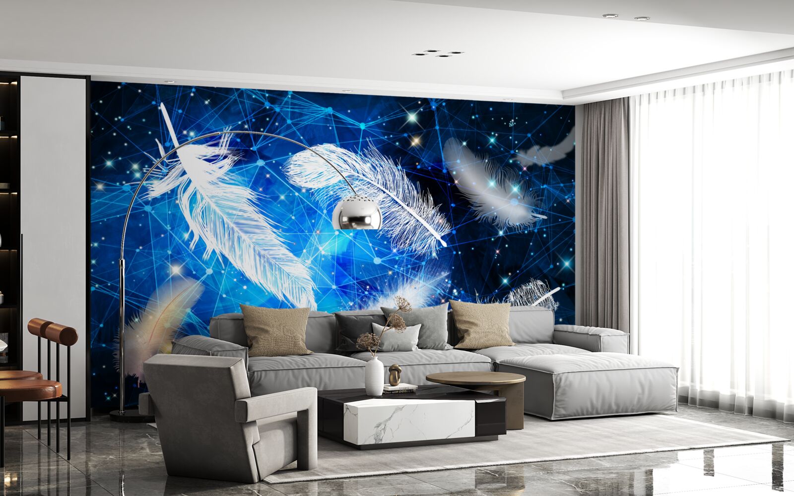 Papier peint ciel étoilé comme toile de fond pour les plumes blanches